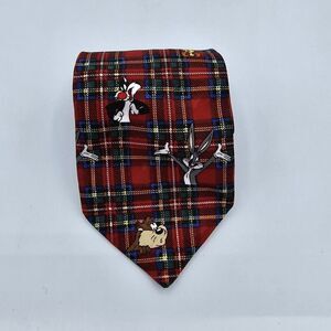 Mens Necktie Vintage Looney Tunes Mania Plaid 54.5" x 4" Taz Porky Tweety Bugs